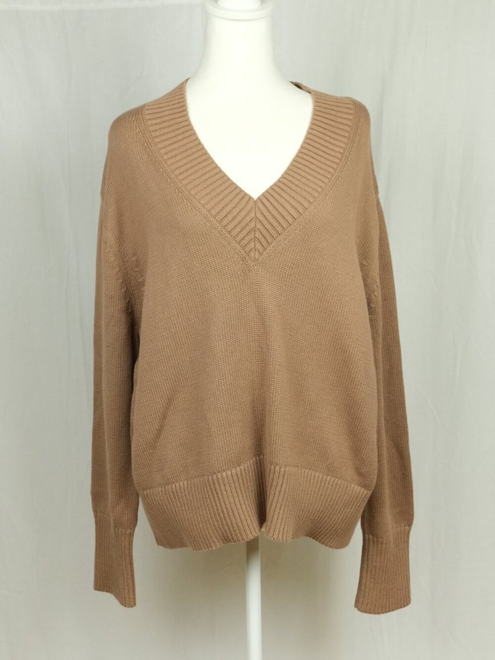 White + Warren Oversized V-Neck Sweater Organic Cotton Rib Knit Tan M